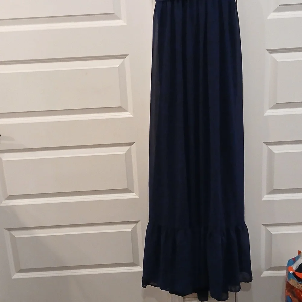 New Lulus Soiree Celebration Navy Blue Ruffled Lace Up Back Maxi Dress Size XL - Picture 4 of 10
